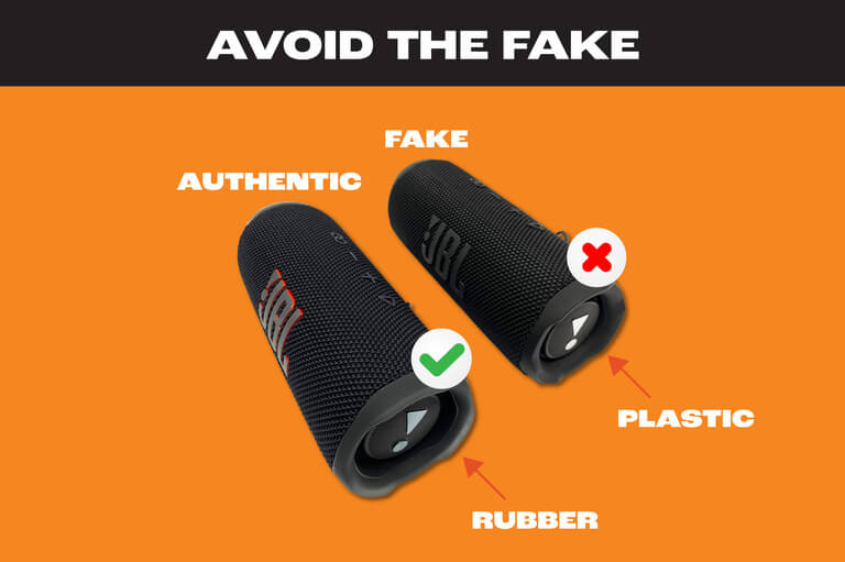 JBL Avoid the Fake photo: Authentic has rubber on bottom of speaker while fakes usually have plastic