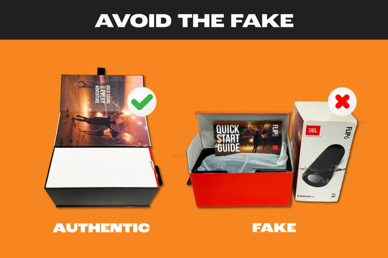 JBL Avoid the Fake photo: Authentic has brochure on the side of the box while fakes have brochures in separate