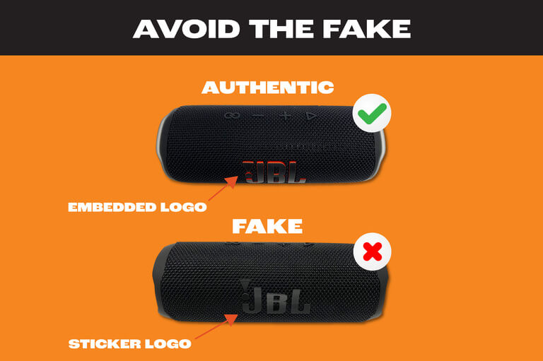 JBL Avoid the Fake photo: Authentic has embedded logo while fakes have sticker logo