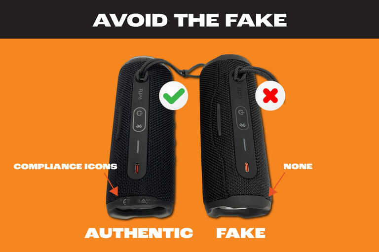 JBL Avoid the Fake photo: Authentic has compliance icons while fakes don't have any