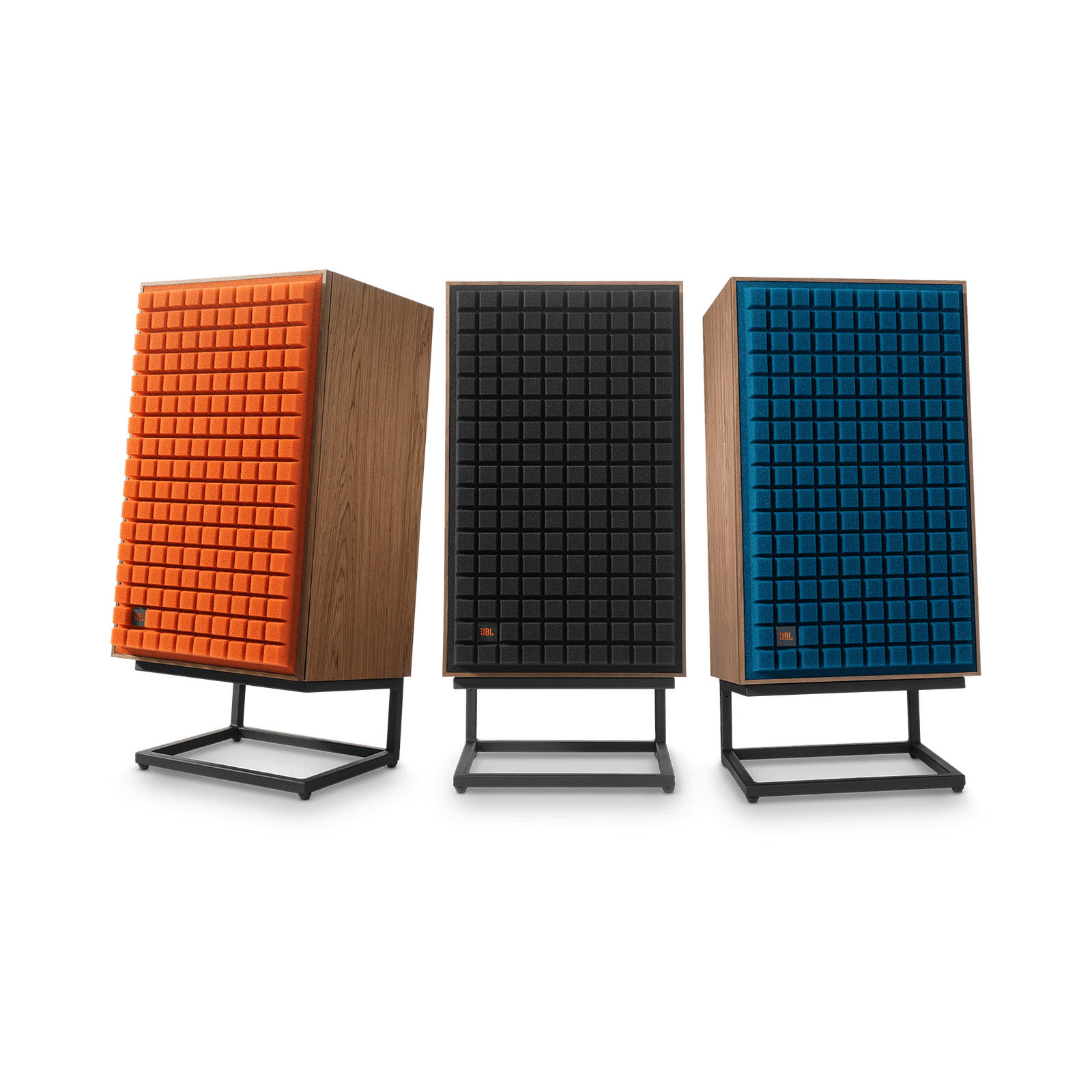 JBL L100 With Grills and Stand Group photo in three colors: Orange, Blue and Black