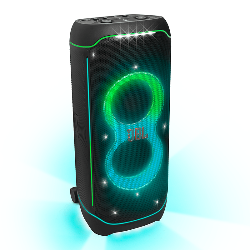 JBL Partybox Ultimate Speakers with blue lights hero photo