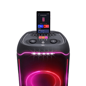JBL Partybox Ultimate Speakers with tablet on front view photo