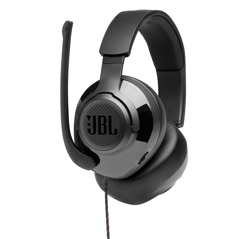 JBL Quantum 200 Headset Hero Side View with Microphone Up Photo