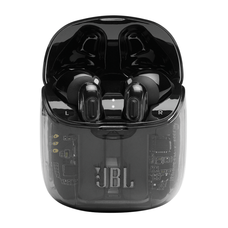 JBL TUNE 225TWS Earbuds Ghost Black Case Open View Photo